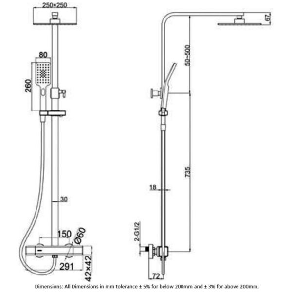 RAK Compact Square Thermostatic Exposed Shower Kit - Chrome - Image 2
