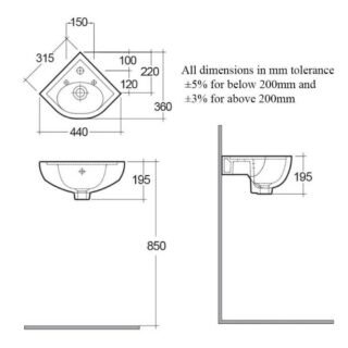 Rak Compact Wall Hung Corner Basin - 440mm Wide - Alpine White - Image 3