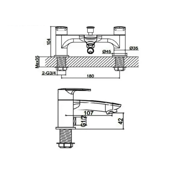 RAK Mercury Bath Shower Mixer Tap - 2 TH - Chrome - Image 2