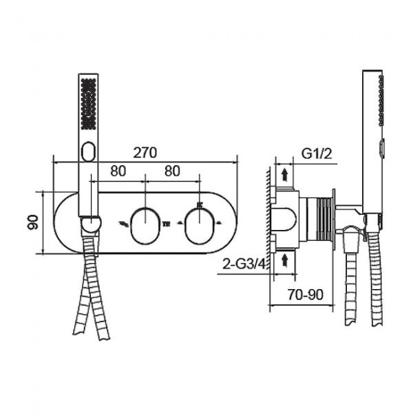 RAK Mercury 2 Outlet Thermostatic Concealed Shower Valve With Shower Handset - Chrome - Image 2
