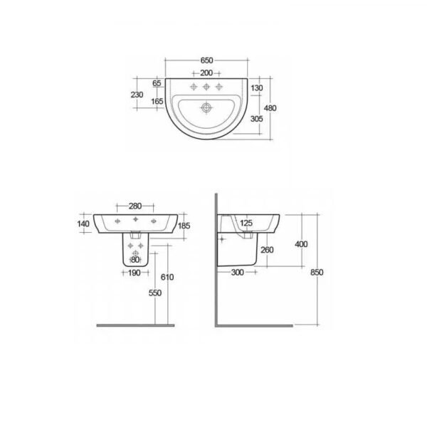 Rak Moon Wash Basin With Semi Pedestal - 650mm Wide - Alpine White - Image 2