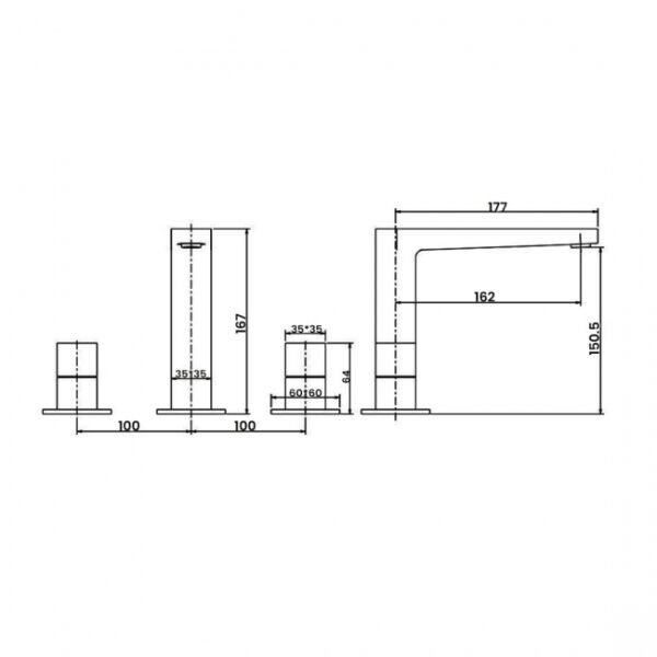RAK Petit Square Deck Mounted Basin Mixer Tap - 3 TH - Image 2