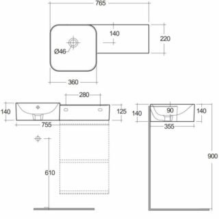 Rak Petit Square Ledge Wall Hung Basin - Alpine White - No TH - Image 3
