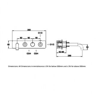 RAK Prima Tech 2 Outlet Horizontal Thermostatic Concealed Shower Valve With Bath Spout - Chrome - Image 2
