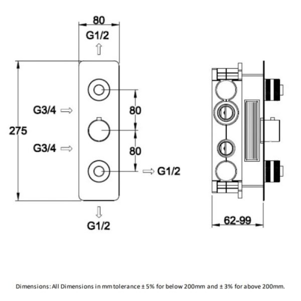 RAK Prima Tech 2 Outlet Vertical Thermostatic Concealed Shower Valve - Chrome - Image 2