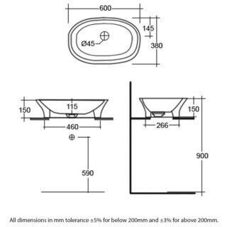 Rak Sensation countertop Basin - 600mm Wide - Alpine White - 1 TH - Image 2