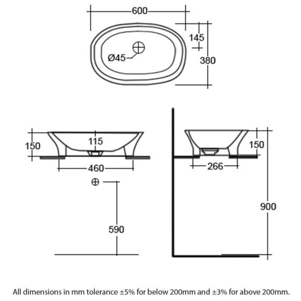 Rak Sensation countertop Basin - 600mm Wide - Alpine White - 1 TH - Image 2