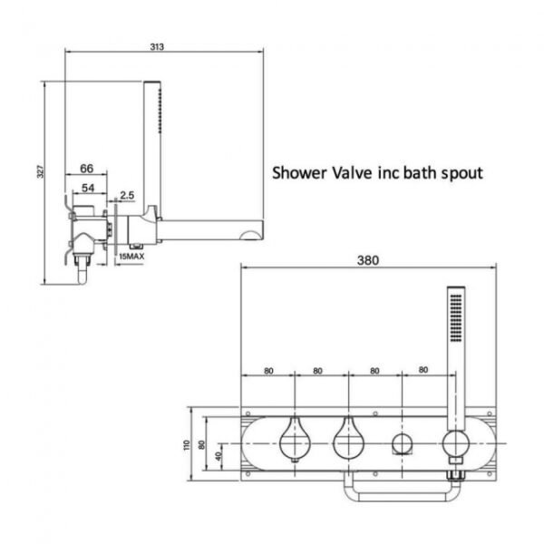 RAK Sorrento 2 Outlet Thermostatic Concealed Shower Valve With Handset And Bath Spout - Image 2