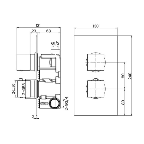 Rak 1 Outlet 2 Handle Square Thermostatic Concealed Shower Valve - Chrome - Image 2