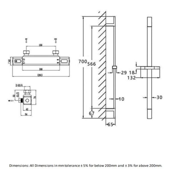 RAK Cool Touch Square Thermostatic Bar Shower Valve With 820mm High Slider Rail Kit - Chrome - Image 2