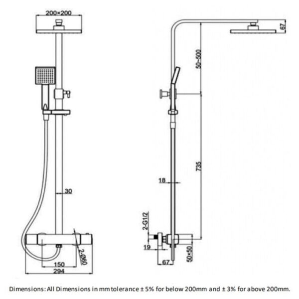 RAK Cool Touch Square Thermostatic Exposed Shower Kit - Chrome - Image 2