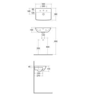 RAK Summit Semi Recessed Basin - 500mm Wide - White - 1 TH - Image 2