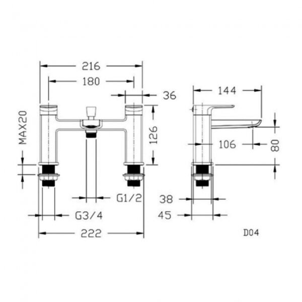 RAK Summit Bath Shower Mixer Tap - 2 TH - Chrome - Image 2
