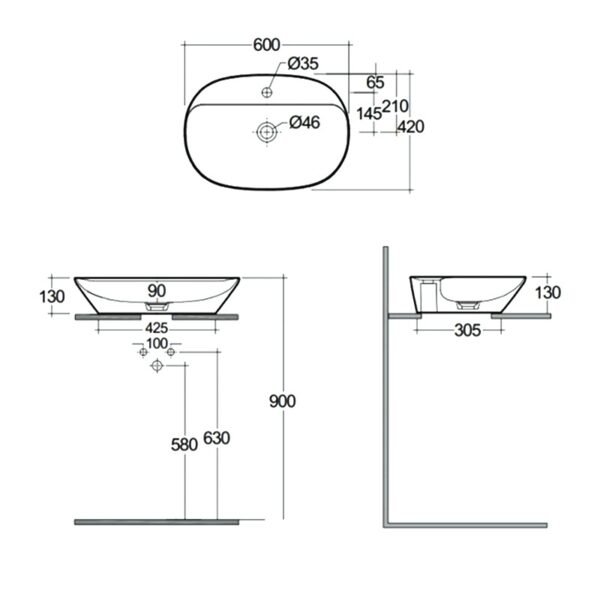 Rak Variant Oval Elongated Countertop Basin - 600mm Wide - Alpine White - 1 TH - Image 3