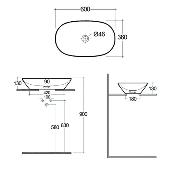 Rak Variant Oval Elongated Countertop Basin - 600mm Wide - Alpine White - No TH - Image 3