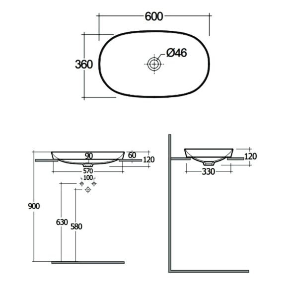 Rak Variant Oval Elongated Drop in Countertop Basin - 600mm Wide - Alpine White - No TH - Image 3