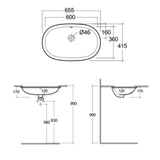 Rak Variant Oval Under Countertop Basin - 600mm Wide - Alpine White - No TH - Image 2