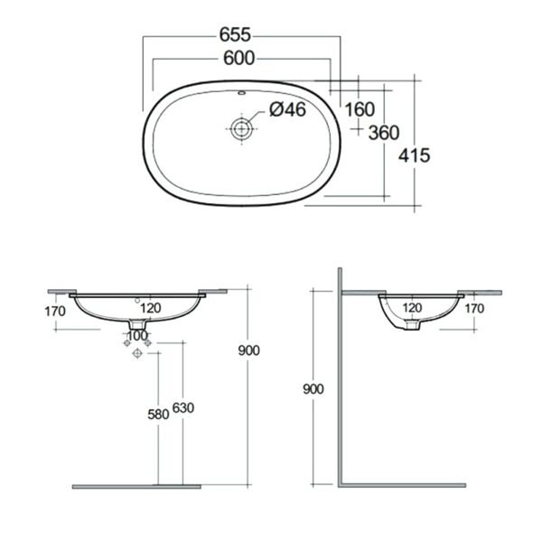 Rak Variant Oval Under Countertop Basin - 600mm Wide - Alpine White - No TH - Image 2