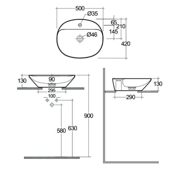 Rak Variant Oval Countertop Basin - 500mm Wide - Alpine White - 1 TH - Image 3