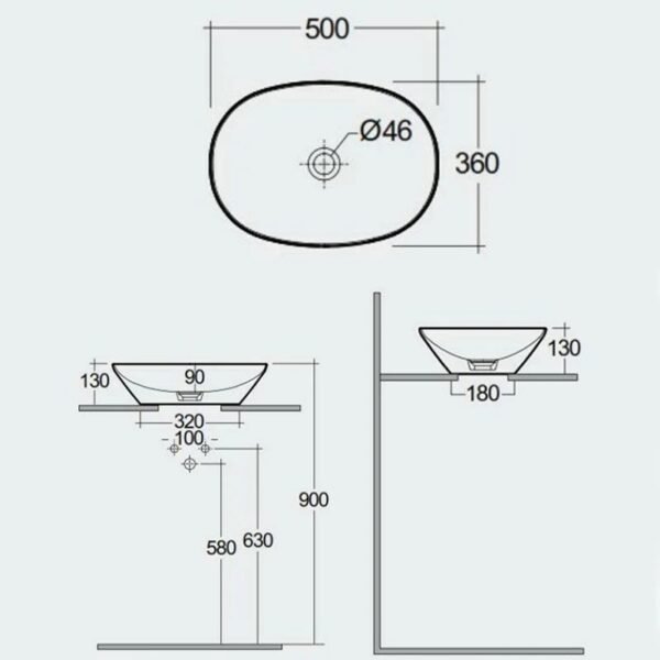 Rak Variant Oval Countertop Basin - 500mm Wide - Alpine White - No TH - Image 2