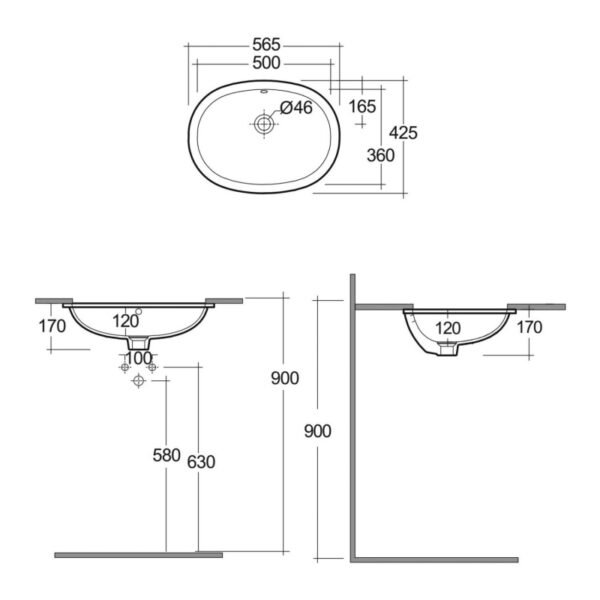 Rak Variant Oval Under Countertop Basin - 500mm Wide - Alpine White - No TH - Image 2
