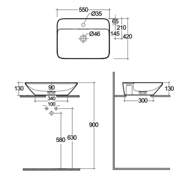 Rak Variant Rectangular Countertop Basin - 550mm Wide - Alpine White - 1 TH - Image 2