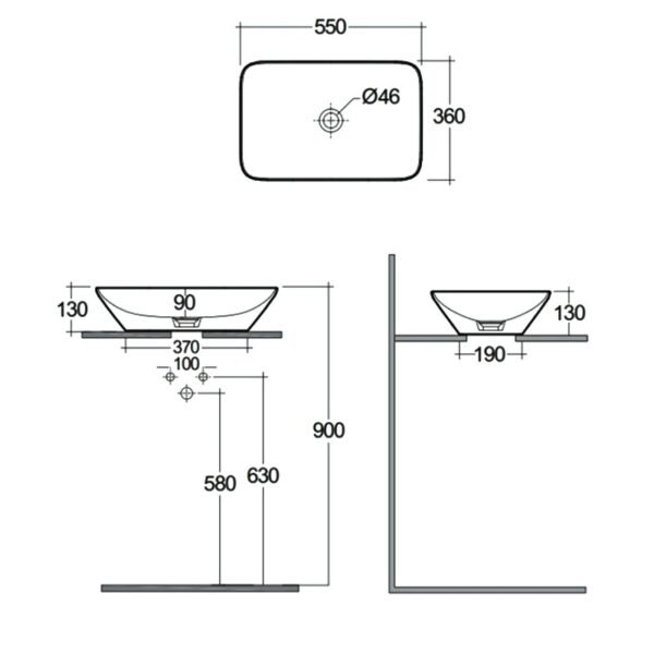 Rak Variant Rectangular Countertop Basin - 550mm Wide - Alpine White - No TH - Image 3