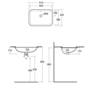 Rak Variant Rectangular Under Countertop Basin - 550mm Wide - Alpine White - No TH - Image 3