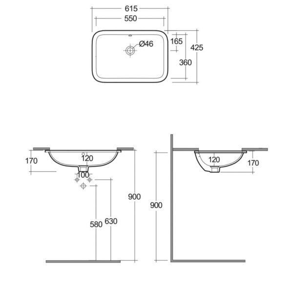 Rak Variant Rectangular Under Countertop Basin - 550mm Wide - Alpine White - No TH - Image 3