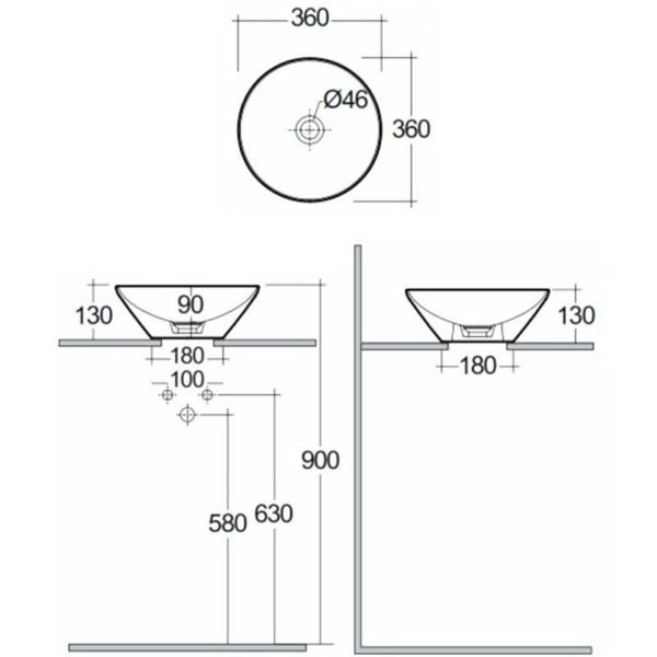 Rak Variant Round Countertop Basin - 360mm Wide - No TH - Image 2