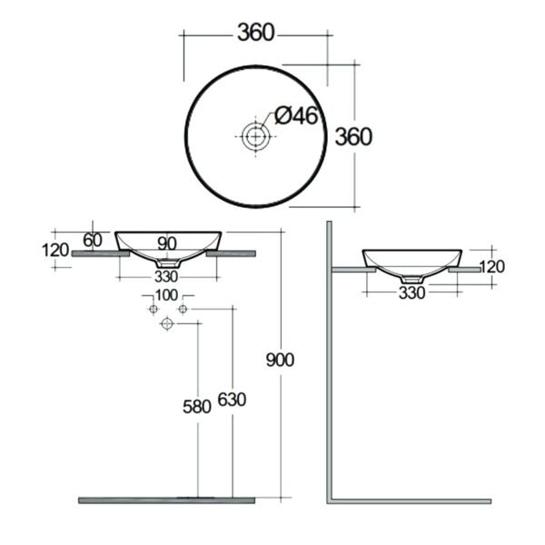 Rak Variant Round Drop In Countertop Basin - 360mm Wide - Alpine White - No TH - Image 3