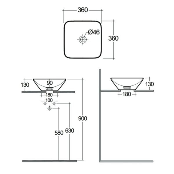 Rak Variant Square Countertop Basin - 360mm Wide - Alpine White - No TH - Image 3
