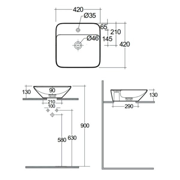 Rak Variant Square Countertop Basin - 420mm Wide - Alpine White - 1 TH - Image 2