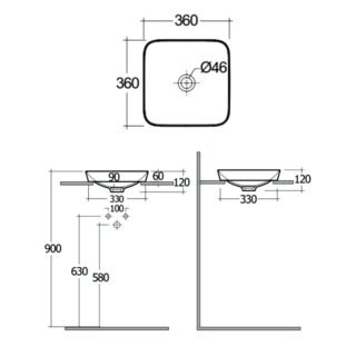 Rak Variant Square Drop In Countertop Basin - 360mm Wide - Alpine White - No TH - Image 2