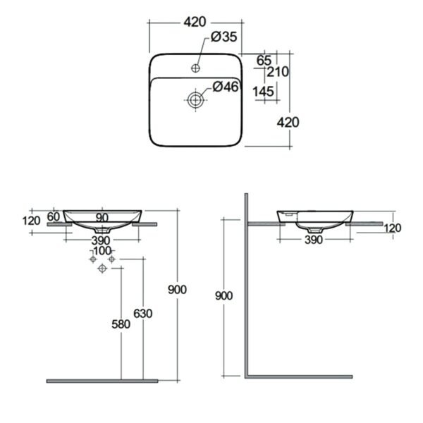 Rak Variant Square Drop In Countertop Basin - 420mm Wide - Alpine White - 1 TH - Image 2