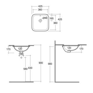 Rak Variant Square Under Countertop Basin - 360mm Wide - Alpine White - No TH - Image 2