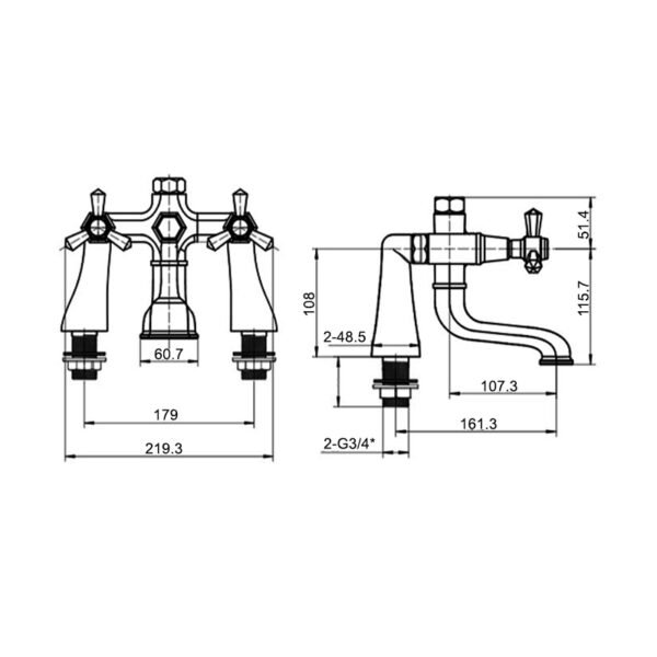 RAK Washington Bath Filler Tap - 2 TH - Chrome - Image 3