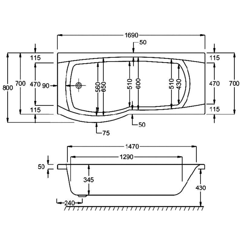 Carron Aspect P Shaped Shower Bath - 1700mm x 800mm - No TH - White - Image 5