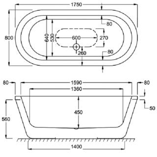 Carron Halcyon Oval Double Ended Inset Bath - 1750mm x 800mm - No TH - White - Image 4
