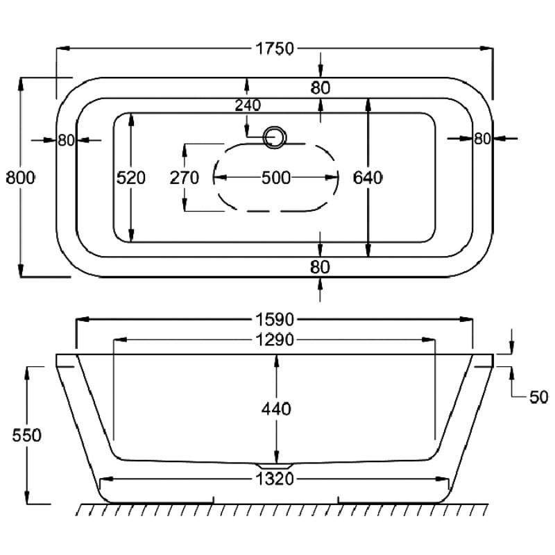 Carron Halcyon Rectangular Carronite Freestanding Bath With Overflow Bath Filler - 1750mm x 800mm - No TH - Image 4