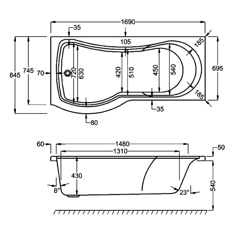 Carron Arc P Shaped Shower Bath -  1700mm x 850mm - No TH - White - Image 5