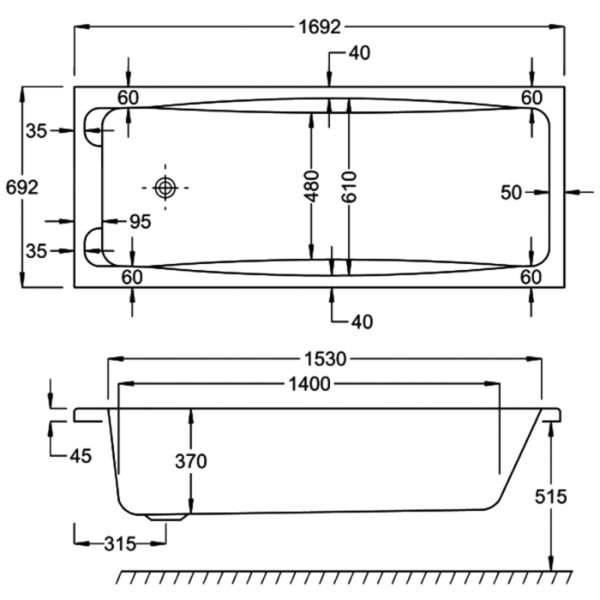 Carron Swallow 8mm Acrylic Single Ended Bath With Twin Grip - 1700mm x 700mm - No TH - White - Image 3