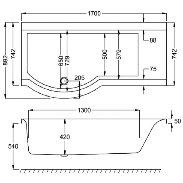 Carron Urban P Shaped Shower Bath - No TH - White - Image 4