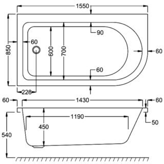Carron Status Single Ended Shower Bath - 1550mm x 850mm - No TH - White - Image 5