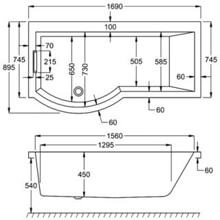 Carron Celsius Carronite P Shaped Shower Bath With Overflow Bath Filler - 1700mm x 900mm - No TH - White - Image 5