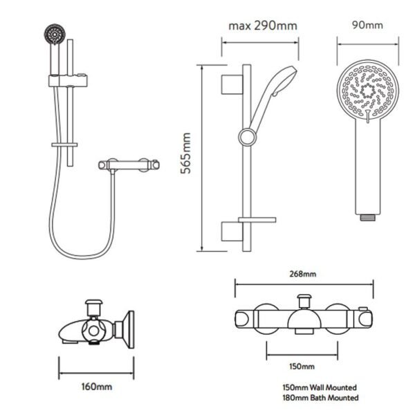 Aqualisa Midas 100 Thermostatic Bath Shower Mixer With Slide Rail Kit - Chrome - Image 5