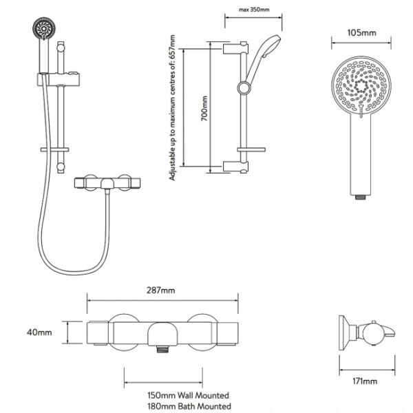 Aqualisa Midas 110 Thermostatic Bath Shower Mixer With Slide Rail Kit - Chrome - Image 5