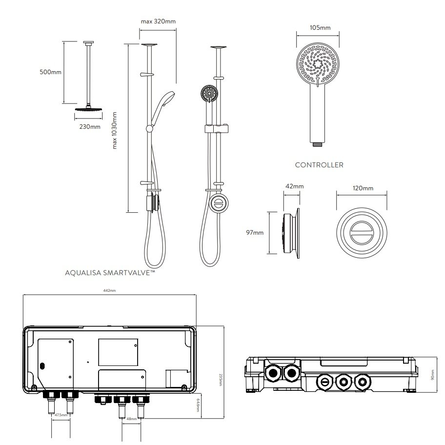 Aqualisa Quartz Classic 2 Outlet Digital Shower Valve With Exposed Riser Rail And Ceiling Head - Gravity Pump - Chrome - Image 6