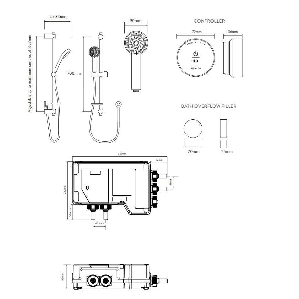 Aqualisa Quartz Slide Rail Kit With Digital Concealed Valve And Bath Filler - Chrome - Image 5