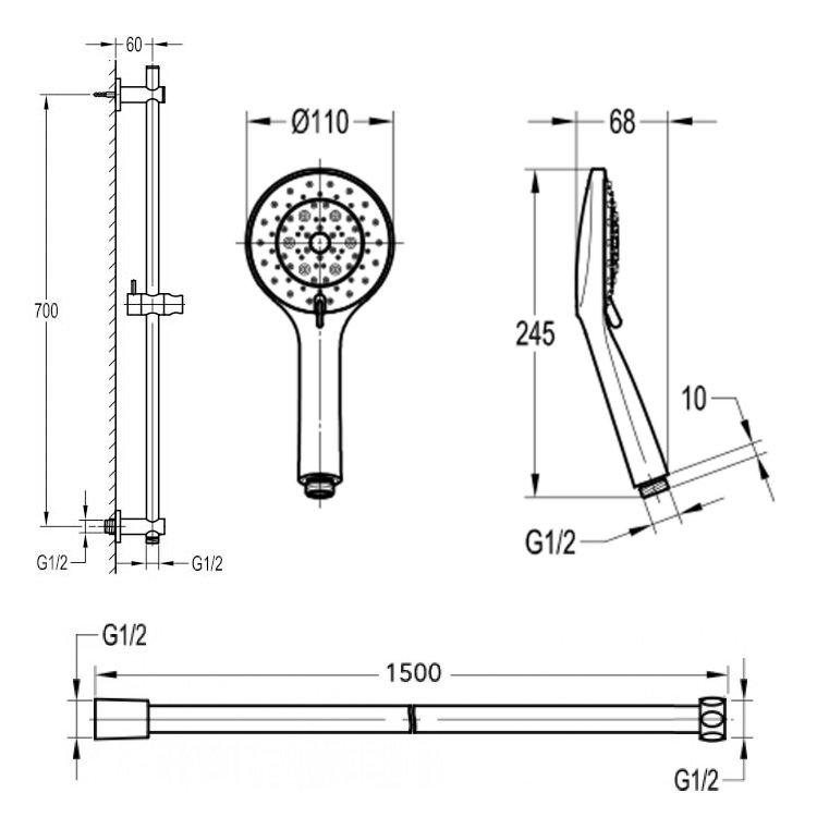 Flova Levo Round Slide Rail With 5 Function Shower Handset, Smooth Hose And Integral Wall Outlet Elbow - Chrome - Image 2